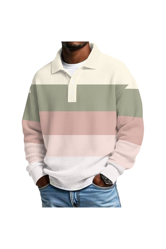 Mens Long Sleeve Polo Shirts Golf Color Block Henley Shirt Collared Comfort Heavyweight Tshirts Casual Quarter Button Waffle Shirts Beige 4XL