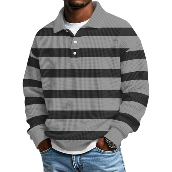 Dwelliawo Mens Long Sleeve Polo Shirts Workout Color Block Waffle Shirt Collared Casual Big and Tall Tops Comfort Button Up Henley Shirts Gray S