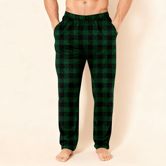Dwelliawo Mens Pajama Pants Flannel Buffalo Plaid Baggy Pajama Pants Casual Drawstring Lounge Pants Christmas Baggy Pajama Bottoms Comfy Fuzzy Sweatpants Dark Green 2XL