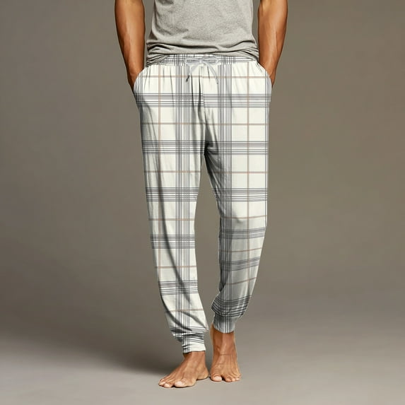 Dwelliawo Mens Pajama Pants Plaid Bottoms Jogger Pants Loose Fit Elastic Waist Pj Pants with Pockets Soft Sleep Loungewear Pant White 3XL