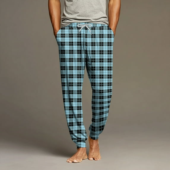 Dwelliawo Mens Pajama Pants Soft Sleepwear Lounge Pants Bottoms Joggers Plaid Pant Casual Elastic Waist Pj Pants with Pockets Cyan L