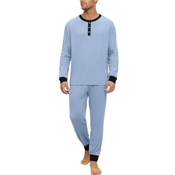 Dwelliawo Mens Pajama Set, Henley Long Sleeve T-Shirt and Pants Pockets 2 Pcs Lounge Pj Loose Comfy Solid Color Fashion 2025 Fall Loungewear Set Blue 2XL