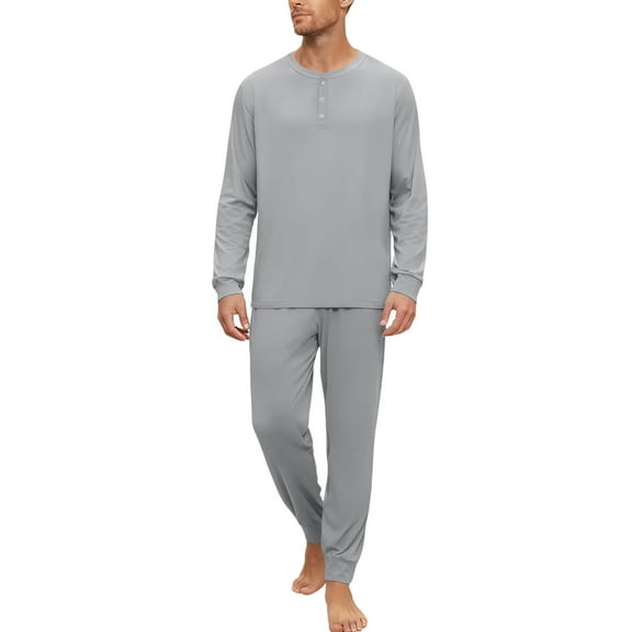 Dwelliawo Mens Pajama Set, Henley Long Sleeve T-Shirt and Pants with Pockets Two Pieces Lounge Pj Loose Fit Comfortable Solid Color Dressy Fall Winter Loungewear Set Light Gray XL