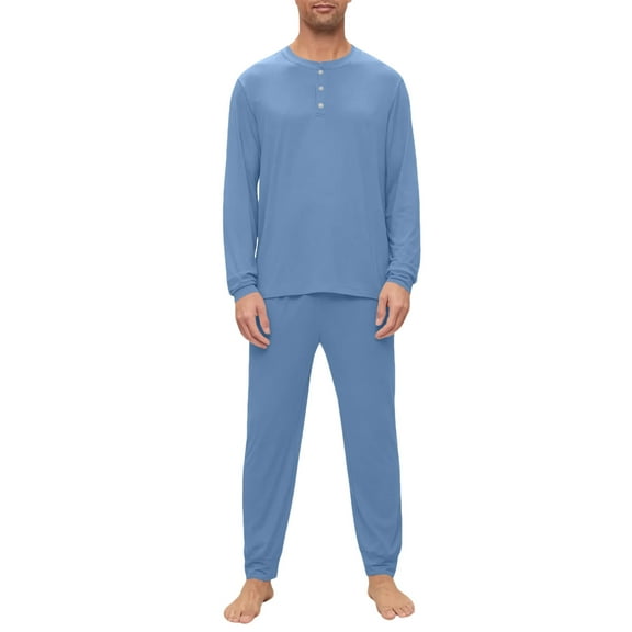 Dwelliawo Mens Pajama Set, Henley Neck Long Sleeve Shirts and Pants Pockets 2 Pcs Lounge Pj Loose Comfy Solid Color Trendy Fall Winter Loungewear Set Light Blue XL