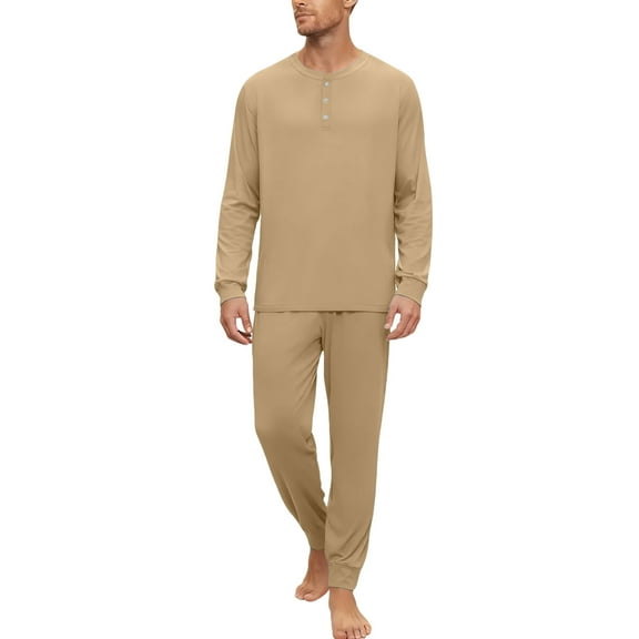 Dwelliawo Mens Pajamas Set Henley Long Sleeve Shirts and Pants Pockets Two Pieces Lounge Pj Loose Comfy Solid Trendy 2025 Fall Loungewear Set Camel M