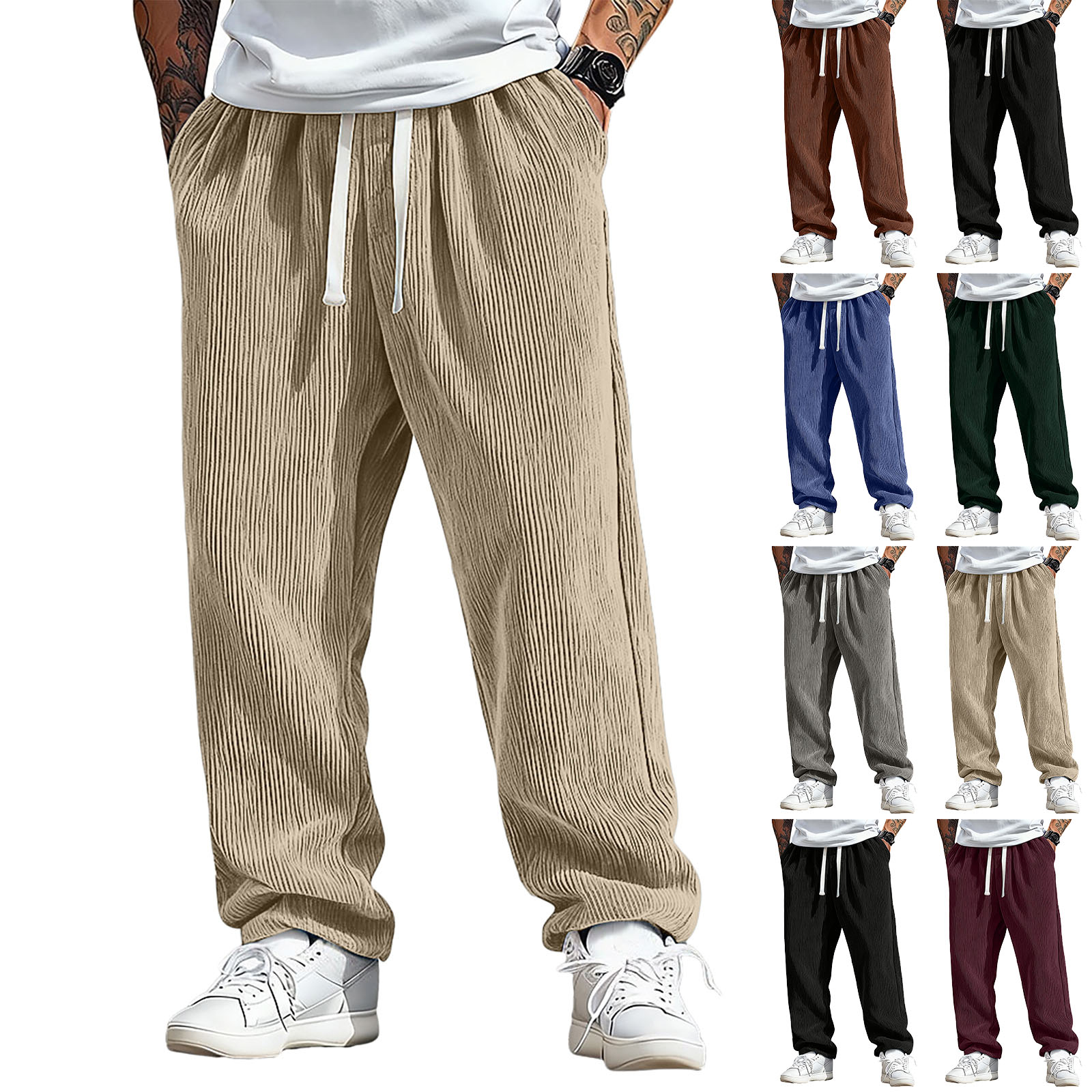 Dwelliawo Mens Pants Corduroy Elastic Waist Wide Leg Pants Fleece Loose ...
