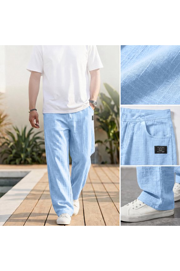 Mens Pants, Fall Men's Casual Hemp Fabric Embroidered Logo Drawstring Loose Elastic Waist Pocket Trousers Light Blue M