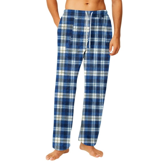 Dwelliawo Mens Pj Pants Buffalo Plaid Comfy Lounge Pants Cute Christmas Matching Pajama Pants Fuzzy Drawstring Sleep Pajama Bottom Blue XL