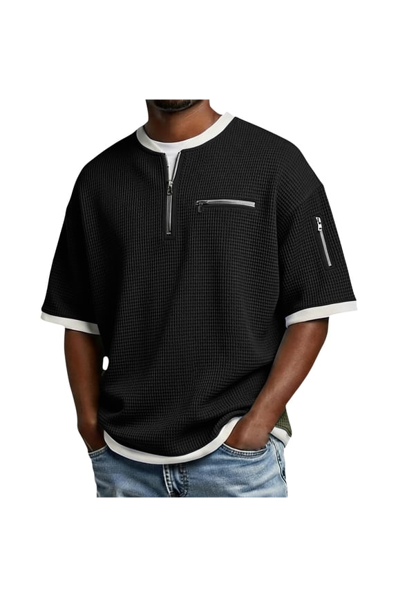 Mens Polo Shirts Short Sleeve Golf Solid Color Waffle Shirts Collared Heavyweight Big and Tall Tops Comfort Quarter Quarter Zip Henley Shirt Black 4XL