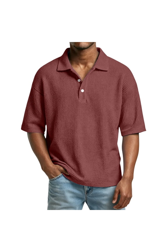 Mens Polo Shirts Short Sleeve Workout Oversized Waffle Shirt Collared Big and Tall Heavyweight T Shirts Casual Button Up Henley Shirts Wine XL