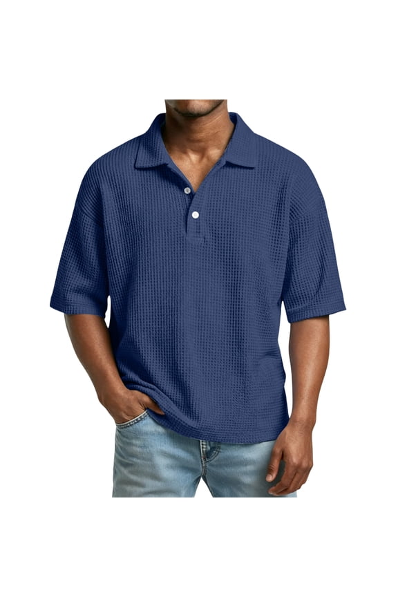 Mens Polo Shirts Short Sleeve Workout Oversized Waffle Shirts Collared Comfort Heavyweight Tops Big and Tall Button Up Henley Shirt Navy XL