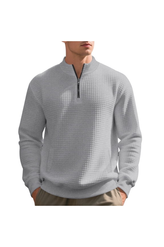 Mens Pullover Quarter Zip Lightweight Casual Sweatshirts Sweater Long Sleeve Mock Neck Sweatshirt Slim Fit Waffle Knit Active Shirt Light Gray 2XL