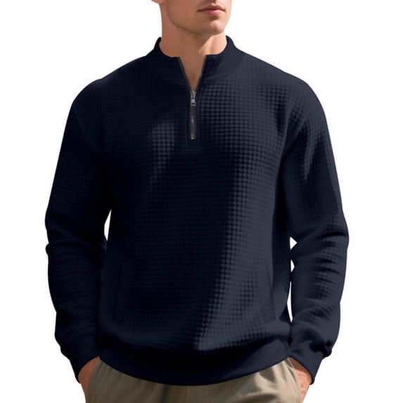 Dwelliawo Mens Pullover Quarter Zip Long Sleeve Mock Neck Pullover Lightweight Casual Sweatshirts Sweaters Slim Fit Polo Shirts Navy M