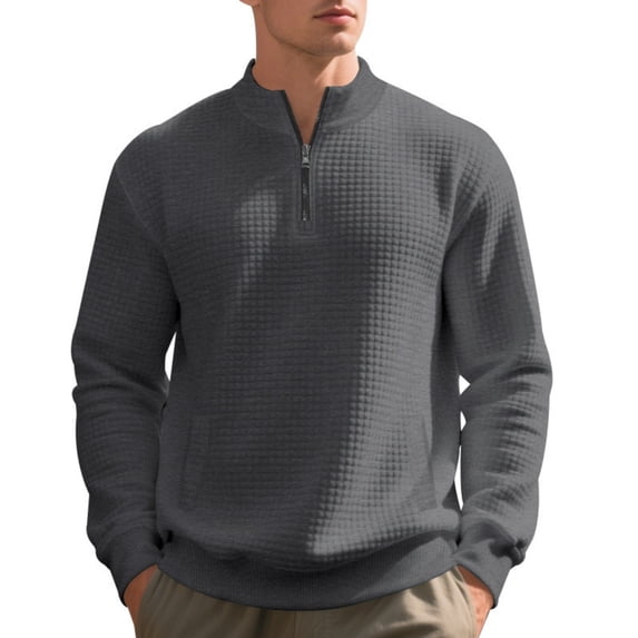Dwelliawo Mens Quarter Zip Pullover Casual Slim Fit Pullover Sweater Mock Neck Long Sleeve Sweatshirt Lightweight Waffle Knit Active Shirts Dark Gray M