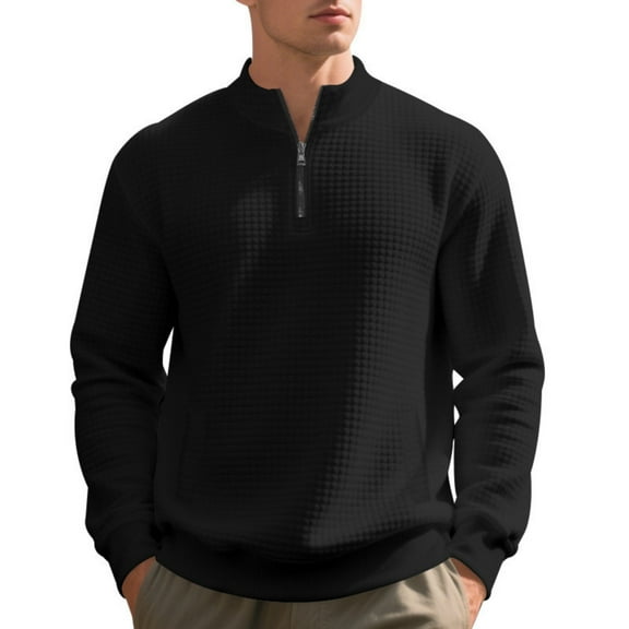 Dwelliawo Mens Quarter Zip Pullover Mock Neck Long Sleeve Pullover Slim Fit Casual Sweatshirts Sweaters Lightweight Waffle Knit Polo Shirts Black XL