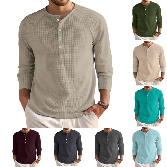 Dwelliawo Mens Shirts Button Long Sleeve Winter T-Shirt Waffle Henley Fashion Lightweight Shirt Basic Classic Tee Shirts Khaki M