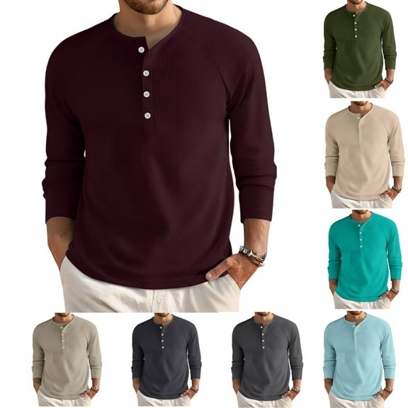 Dwelliawo Mens Shirts Winter Stylish Basic Shirts Long Sleeve Button Waffle Henley T-Shirts Lightweight Classic Pullover Tees Deep Red M