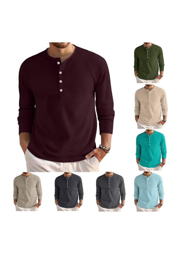 Mens Shirts Winter Stylish Basic Shirts Long Sleeve Button Waffle Henley T-Shirts Lightweight Classic Pullover Tees Deep Red M