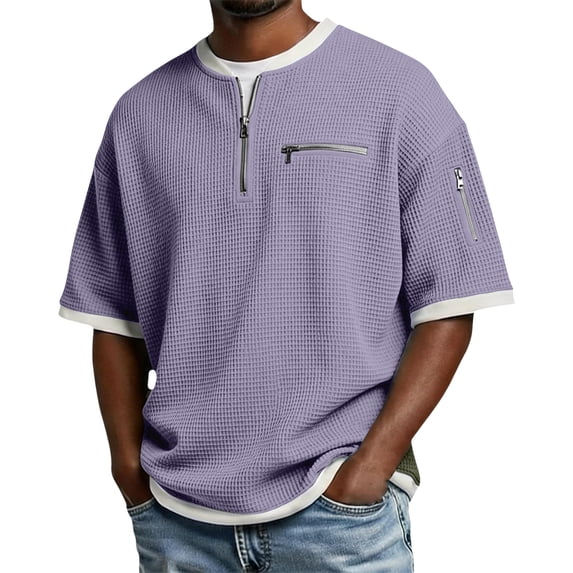 Dwelliawo Mens Short Sleeve Polo Shirts Workout Solid Color Waffle Shirts Collared Big and Tall Heavyweight Tshirts Comfort Quarter Zip Up Henley Shirt Purple M