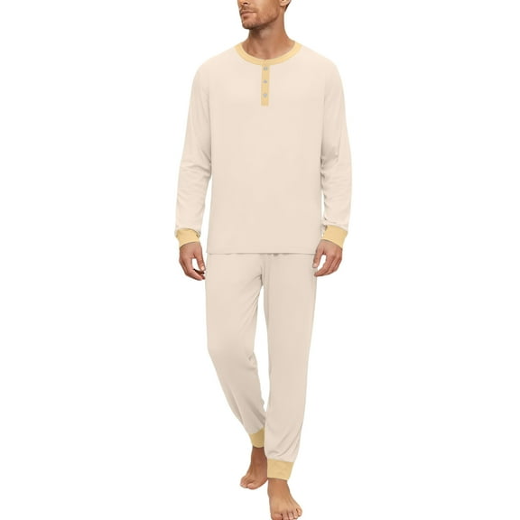 Dwelliawo Mens Soft Henley Pajamas Set 2 Pcs Neck Long Sleeve Tee and Pants with Pockets Pjs Set Lounge Comfortable Loose Fit 2025 Fall Fashion Solid Color Loungewear Champagne XL