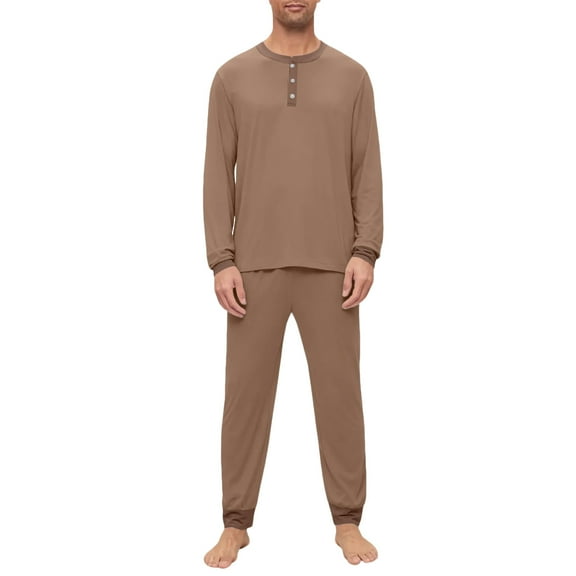 Dwelliawo Mens Soft Henley Pajamas Set Neck Long Sleeve Tshirts and Pants with Pockets Two Pieces Lounge Pj Loose Comfortable Solid Color Trendy 2025 Fall Sleepwear Set Light Brown L