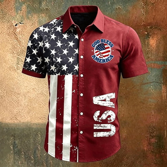 Dwelliawo Mens Split American Flag Print Button Up Shirt 1776 2026 USA Patriotic Short Sleeve Summer Casual Shirt Wine 3xL