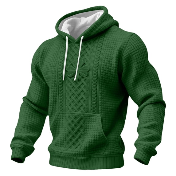 Dwelliawo Mens St Patricks Day Hoodie Waffle Knit Outfits Shamrock Flag Sweatshirt Shamrock Graphic Hoodies Fleece Regular Fit Pullover Dark Green L
