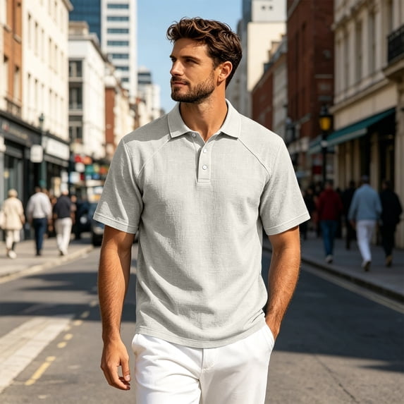 Dwelliawo Mens Summer Collared Polo Shirts Raglan Sleeve Textured Knit Short Sleeve Button Tops Wrinkle Free Light Comfortable Business Casual Golf Hiking Beach Daily Wear Shirts For Men Beige 3xL