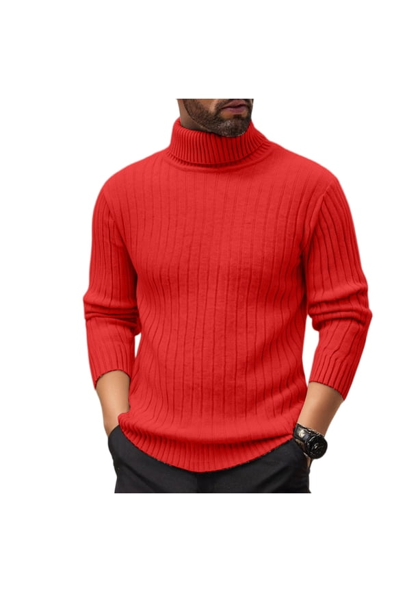 Mens Sweater Long Sleeve Turtleneck Knitted Sweater Basic Casual Pullover Sweaters Thermal Solid Color Winter Fall Topss Red L
