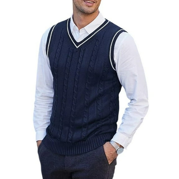Dwelliawo Mens Sweater Vest Warm Ribbed Sleeveless Sweater Formal V Neck Knit Vest Top Loose Fit Golf Fall Winter Pullovers Sweater M