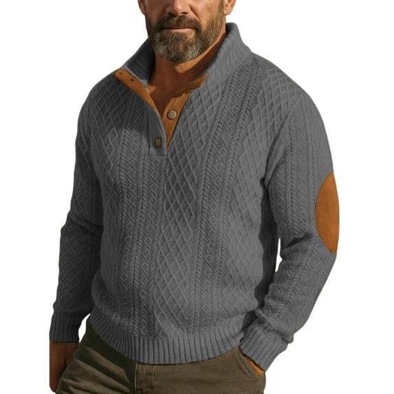 Dwelliawo Mens Sweaters and Pullovers 1/4 Button Up Vintage Long Sleeve Stand Collar Knitted Sweaters with Elbow Patches Fall Winter Pullover Sweater Dark Gray 2XL
