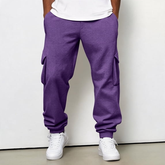 Dwelliawo Mens Sweatpants with Pockets Athletic Cargo Wide Leg Sweatpants Multiple large deep cargo pockets, Classic relaxed fit for lounging or outdoor Purple L