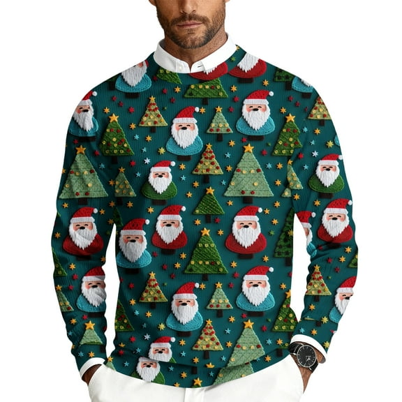 Dwelliawo Mens Sweatshirt Ribbed Snowflake Santa Claus Long Sleeve Sweatshirts Funny Ugly Knitted Warm Sweater Matching Casual Winter Top Green 2XL