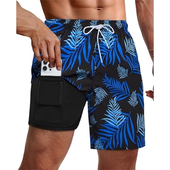 Dwelliawo Mens Swim Trunks with Compression Liner Mens Bathing Suit Quick Dry Pockets Stretch Drawstring Shark Printed 2in1 L