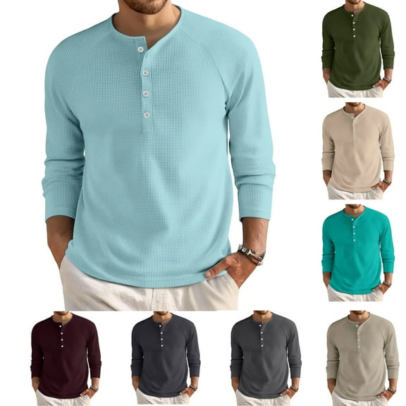 Dwelliawo Mens Waffle Henley Shirts Winter Classic Lightweight Shirts Long Sleeve Button Waffle Henley T-Shirts Stylish Casual Tee Shirts Cyan L