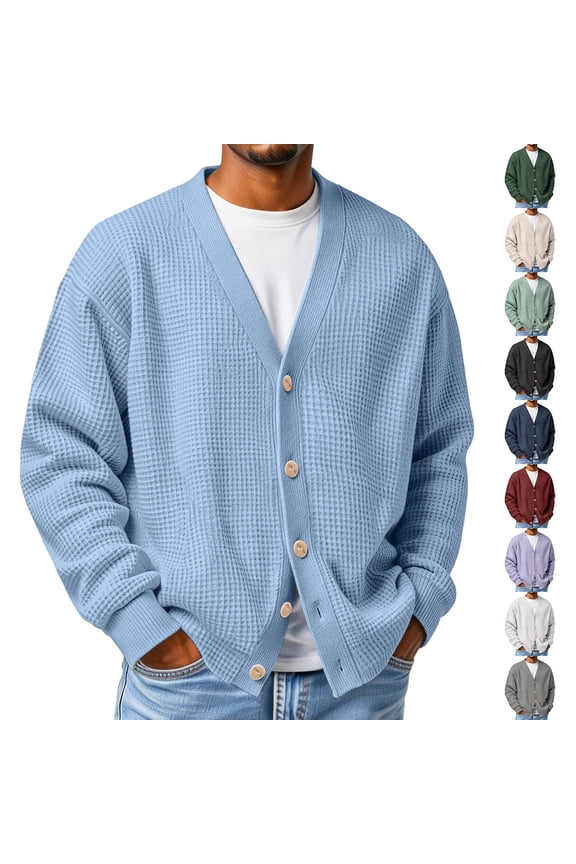 Mens Waffle Textured Cardigan Sweater Waffle Knit V Neck Cardigan Sweater Open Front Comfort Casual Button Up Lightweight Sweater Green 5XL