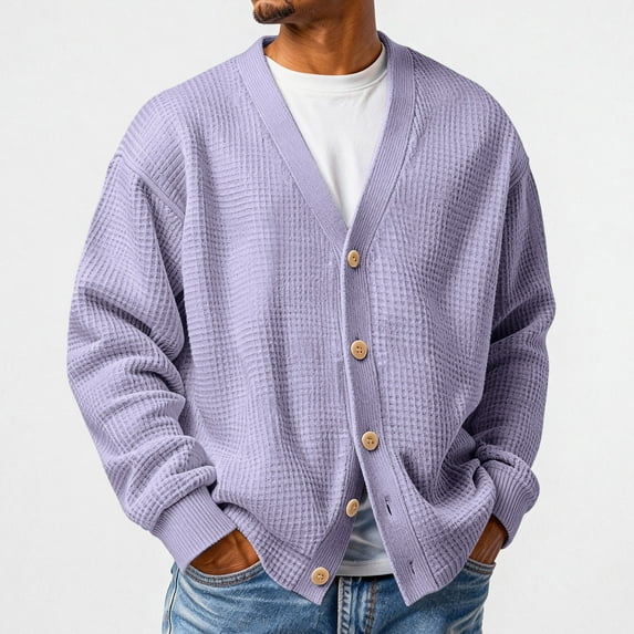 Dwelliawo Mens Waffle Textured Cardigan Sweater Waffle Textured Long Sleeve Sweater Fall Spring Big and Tall Oversized Button Front Comfort Sweater Purple 5XL