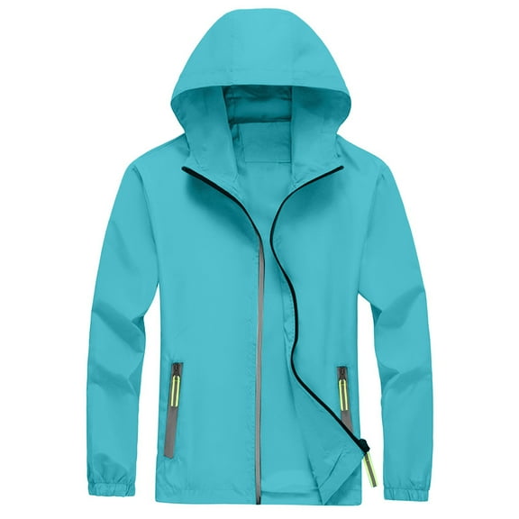 Dwelliawo Mens Waterproof Rain Jacket Waterproof Hiking Windbreaker Lightweight Jackets Hooded Running Outdoor Jacket Softshell Winter Full Zip Raincoats with Pocket Clearance Light Blue 3XL