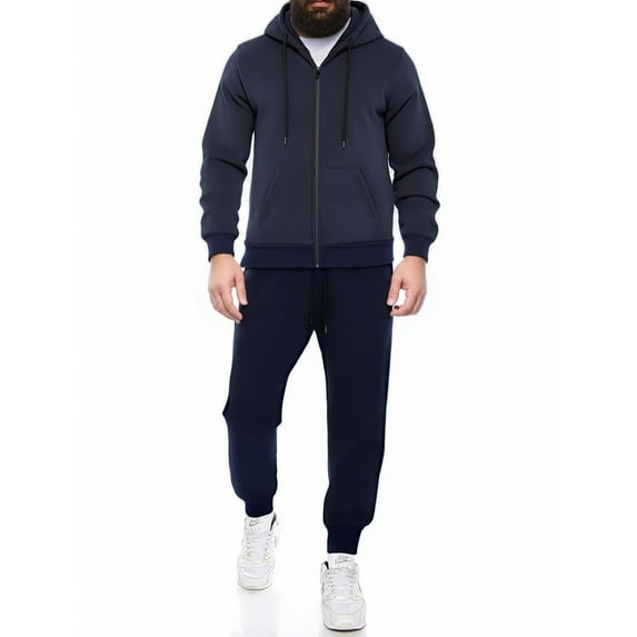 Dwelliawo Mens Zip Up Hoodie Sweatsuit 2 Piece Heavyweight Solid Color Casual Pullover Hoodies Joggers Sport Pants Set Sweat Fall Suit with Pockets Navy S