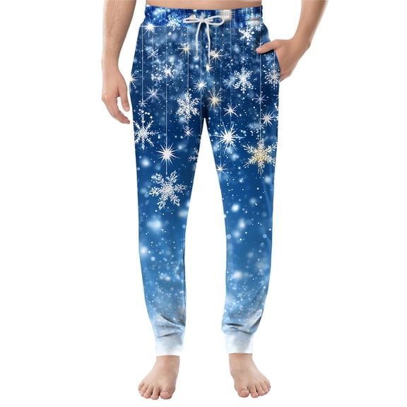 Dwelliawo Merry Christmas Mens Pajama Pants Loose Fit Funny Pajama with Pockets Christmas Sleepwear Loungewear Pants Snowflake Graphic Jogger Sleep Pant Blue L