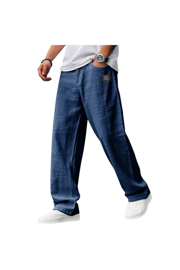 Mokaloha Mens Pant Pacificozy Baggy Casual Pant Embroidered Hemp Fabric Pants Drawstring Loose Elastic Waist Pocket Pant Navy S