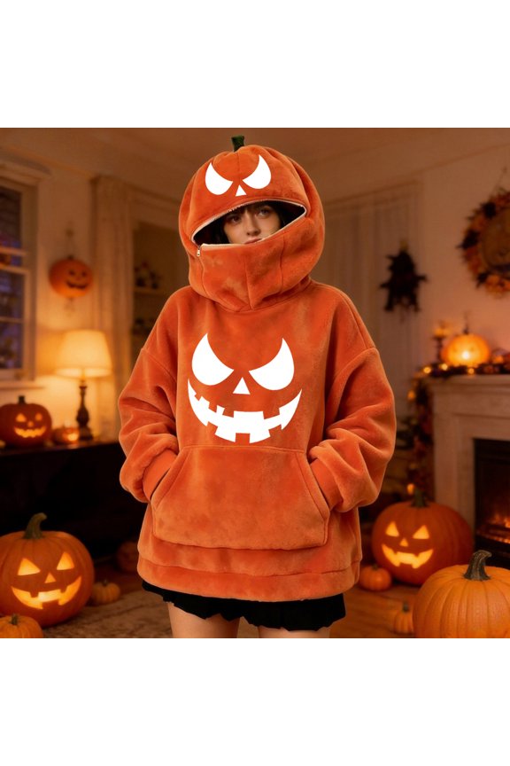Orange Black Fuzzy Fleece Zip Pumpkin Hoodie for Women Men Cool Spooky Pumpkin Face Pocket Sweatshirt Halloween Cosplay Outfit Light Brown 2xL