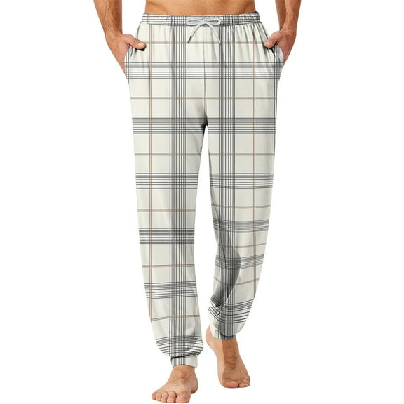 Dwelliawo Pajama Pants Men Plaid Bottoms Jogger Sleep Pants Casual Elastic Waist Pj Pants with Pockets Soft Sleep Loungewear Pant White M