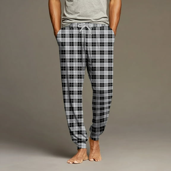 Dwelliawo Pajama Pants Men Soft Lightweight Pant Bottoms Jogger Plaid Pants Loose Fit Drawstring Pajama Pant with Pockets Black XL