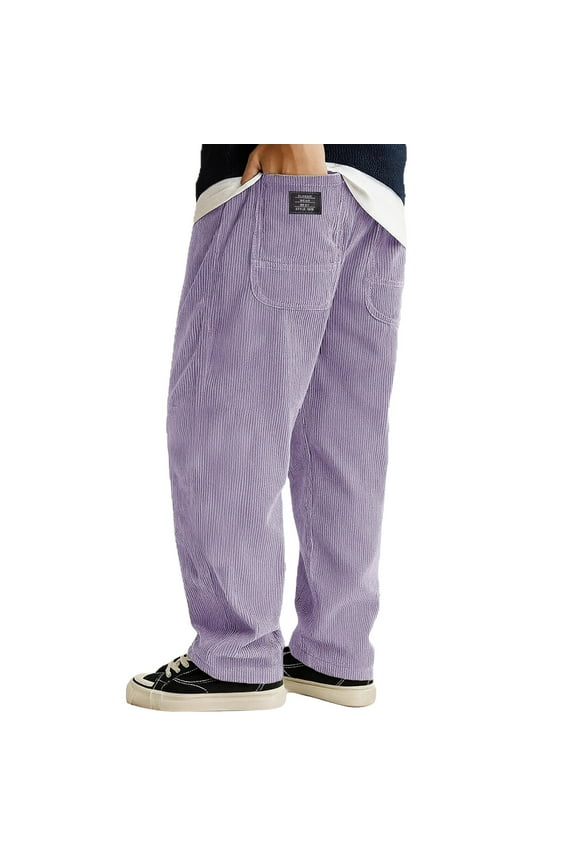Pants for Men Corduroy Drawstring Elastic Waist Pant Straight Leg Baggy Pants Casual Loose Pantalones Fall Trousers with Pockets Light Purple M