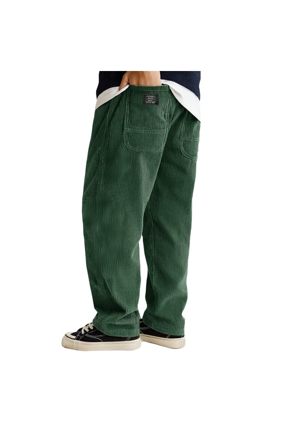Pants for Men Corduroy Drawstring Elastic Waist Pant Wide Leg Straight Casual Pants Baggy Loose Pantalones Fall Trousers with Pockets Dark Green XL