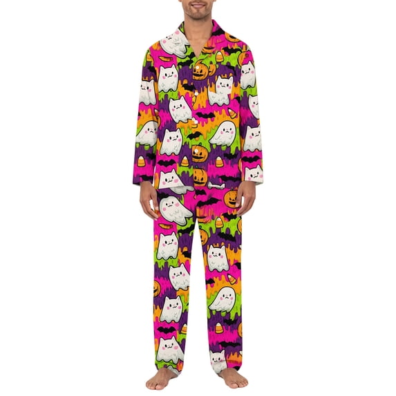 Dwelliawo Pink Ghost Halloween Pajama Set Stars Pjs Sets for Men Soft Button Sleep Wear Set Red S