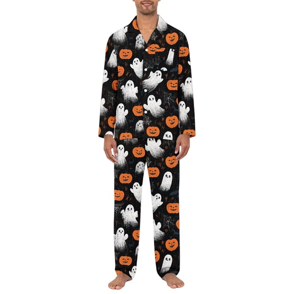 Dwelliawo Pink Ghost Halloween Pajama Set Stars Pjs Sets for Men Soft Button Sleep Wear Set White 2xL