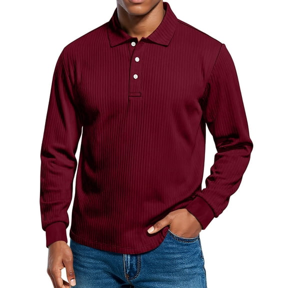 Dwelliawo Polo Shirts for Men Loose Fit Collar Stylish Work Tee Ribbed Button Classic Long Sleeve Shirts Wine L