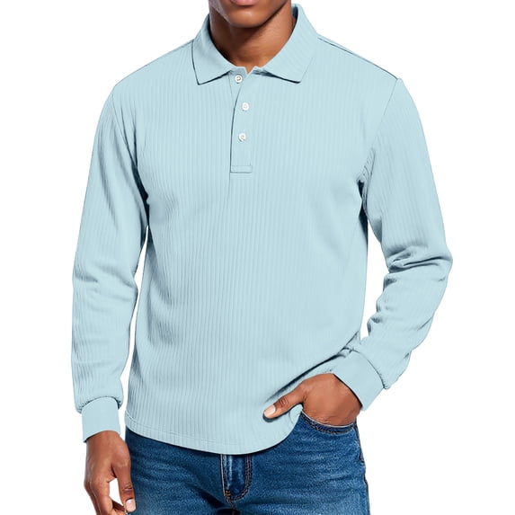 Dwelliawo Polo Shirts for Men Classic Long Sleeve Ribbed Button Shirts Loose Fit Collared Stylish Work Pullover Shirts Light Blue 3XL